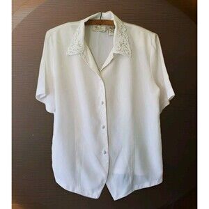 90s/Y2K Coquette Embroidered Lace Beaded Pearl Collar Romantic Wedding Blouse Sm